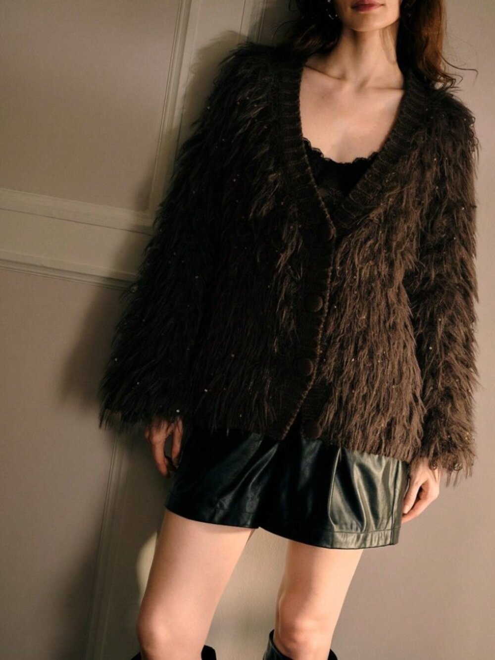 Brown Shaggy Sparkle Fur Body Ribbed Trim Knit Button Front Deep V Neck Cardigan